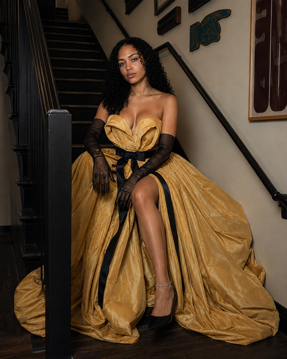Woman seated in a dramatic gold gown with black gloves